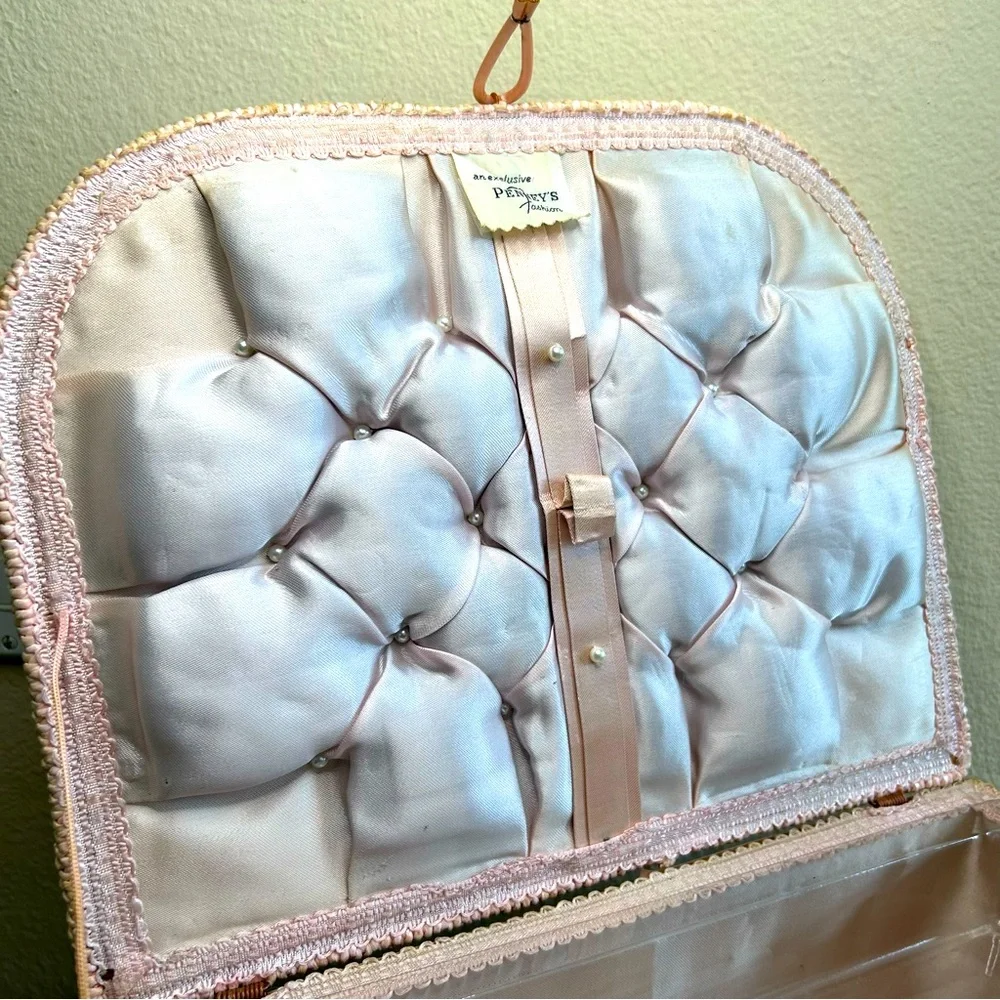 Vintage Sewing Basket Large Pink Rattan Original Clear Tray for Penny’s in Japan